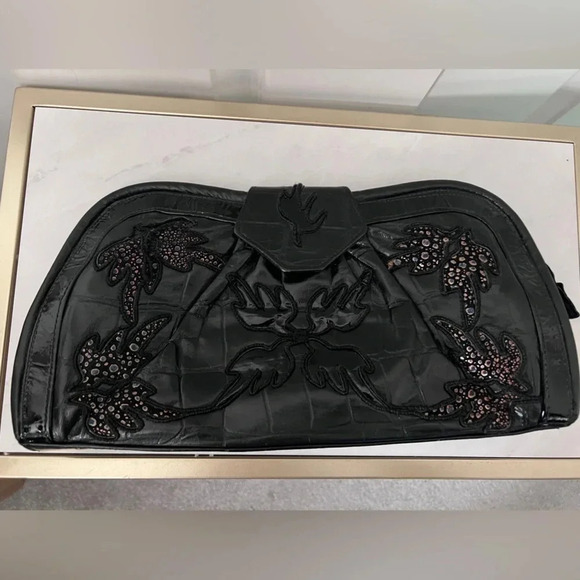 Vintage | Gregory | Embroidered Black And Bronze Leather  Large Clutch - Picture 3 of 10